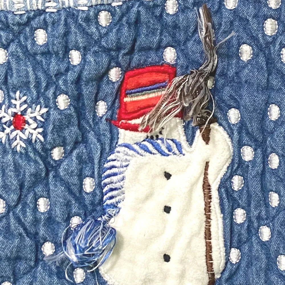 Vtg 90s Denim Christmas Vest M Tie Back Snowman Snowflake‎ Kitschy Y2K Farmcore